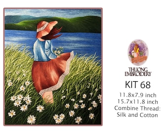 KIT68 Intermediate Embroidery Kit, Girl and River design by ThuongEmbroidery, Plus 30% embroidery thread