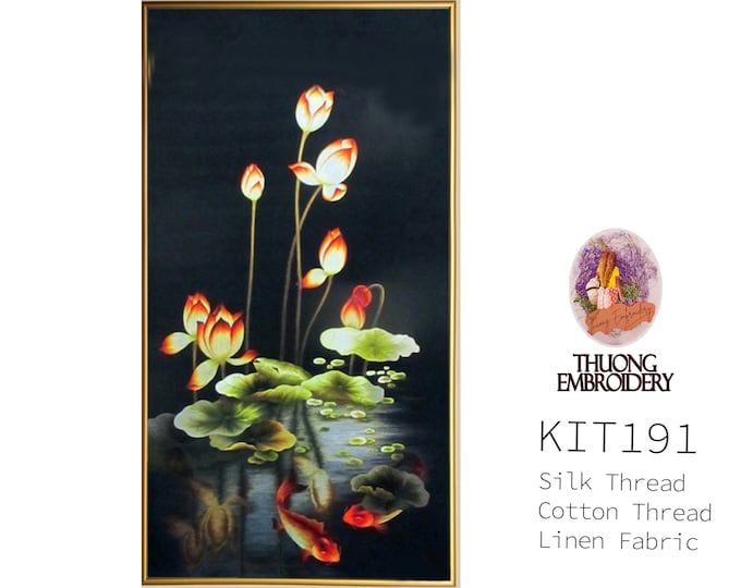 Hand Embroidery KIT 191: "lotus carp", Embroidery Thread 'Glossiest Silk' ', Linen Fabric 'White' or 'Black'