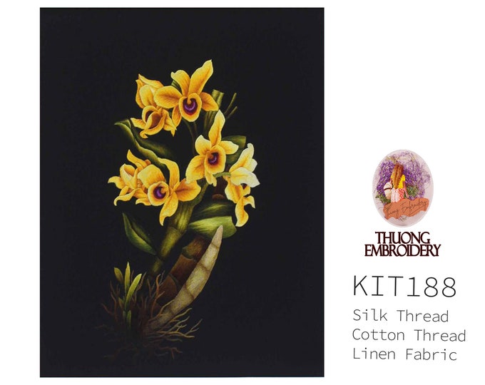 KIT188 Easy Embroidery Kit, Yellow Orchids design by ThuongEmbroidery, Plus 30% embroidery thread