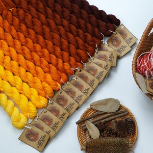 May include: A collection of 12 skeins of hand-dyed yarn in shades of orange, yellow, and brown. The yarn is arranged in a gradient from dark brown to light yellow. Each skein has a small brown tag with the text "The Indigo Dragon" printed on it.