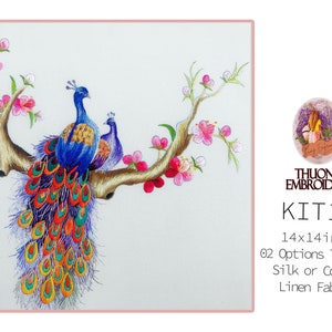 May include: Embroidered peacock with a spread tail, perched on a branch with pink blossoms. The embroidery kit includes silk or cotton thread and linen fabric.  KIT103 14x14 inch.