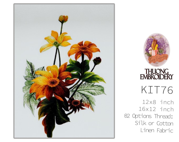 KIT76 Easy Embroidery Kit, Yellow daisy design by ThuongEmbroidery, Plus 30% embroidery thread