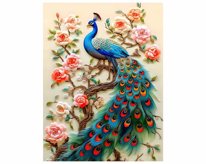 Custom hand embroidery of Dang Ky - Peacocks in blooming flower garden