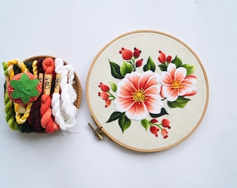 KIT225 Easy Embroidery Kit, Red Wildflower design by ThuongEmbroidery, Plus 30% embroidery thread