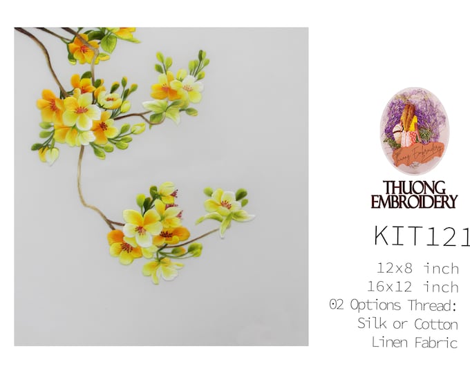 KIT121 Easy Embroidery Kit, Yellow Apricot Flowers design by ThuongEmbroidery, Plus 30% embroidery thread