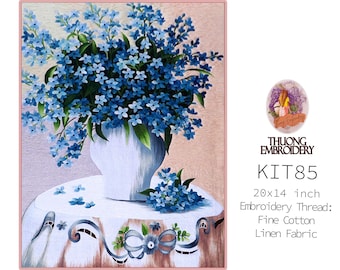 KIT85 Advanced Embroidery Kit, Blue Phlox flower design by ThuongEmbroidery, Plus 30% embroidery thread