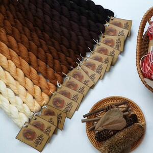 May include: A collection of 16 skeins of embroidery floss in shades of brown, orange, and cream. The floss is arranged in a gradient from dark brown to cream. Each skein has a brown paper tag with the text "Talking Embroidery" and "Cotton Embroidery Floss".