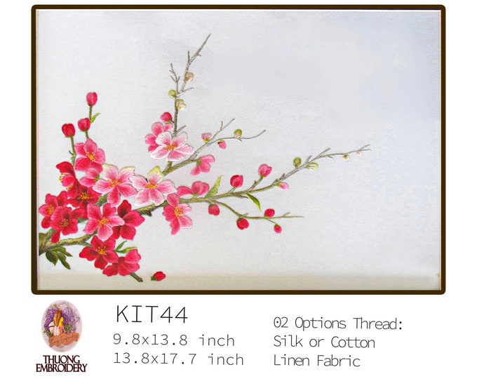 KIT44 Easy Embroidery Kit, Beautiful Peach Blossoms design by ThuongEmbroidery, Plus 30% embroidery thread