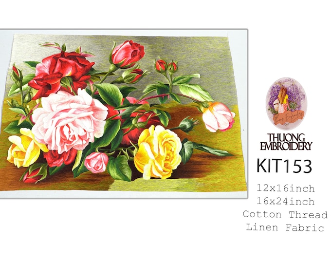 KIT153 Advanced Embroidery Kit, Colorful rose bushes design by ThuongEmbroidery, Plus 30% embroidery thread