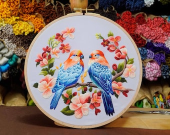 KIT232 Embroidery Kit, Pair of birds and Blooming flowers design by ThuongEmbroidery, Plus 30% embroidery thread