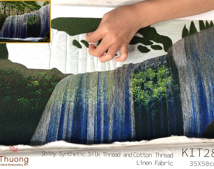 KIT28 Advanced Embroidery Kit, Waterfall in the forest design by ThuongEmbroidery, Plus 30% embroidery thread