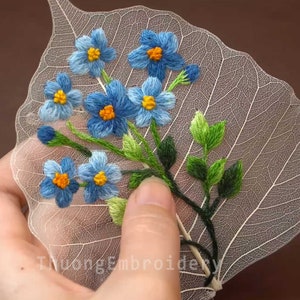 Embroidery on Natural Bodhi Skeleton Leaves - EBD105 &quot;Blue Wildflowers&quot; without Frame