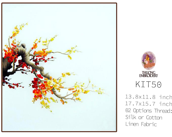 KIT50 Easy Embroidery Kit, Peach blossom design by ThuongEmbroidery, Plus 30% embroidery thread