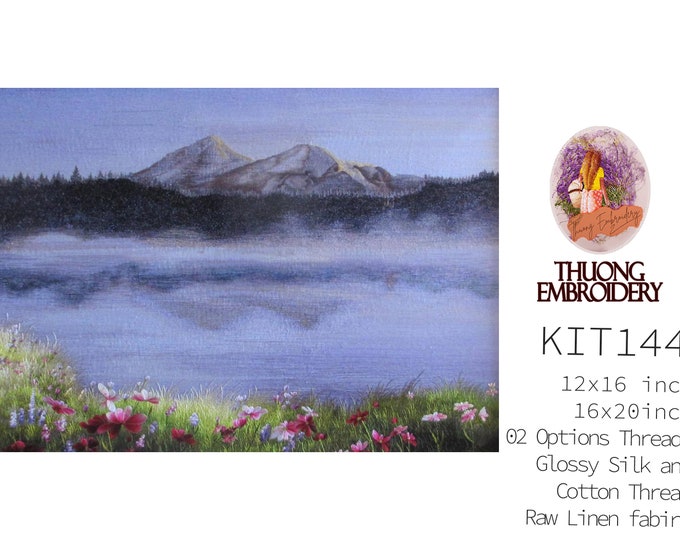Embroidery KIT EK144: "it's foggy"  flower house "Glossy Silk and Cotton Thread", Raw Linen - Commercial Embroidery