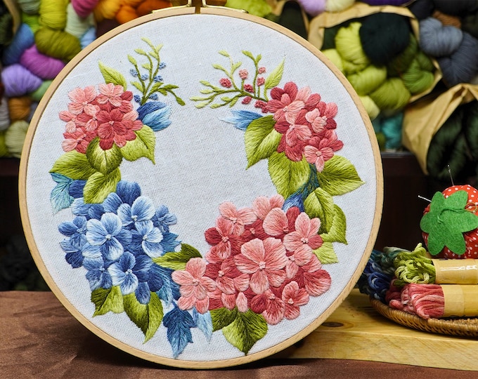 COMPLETED Hand Embroidery Artwork - Beautiful Hydrangea Flower Wreath