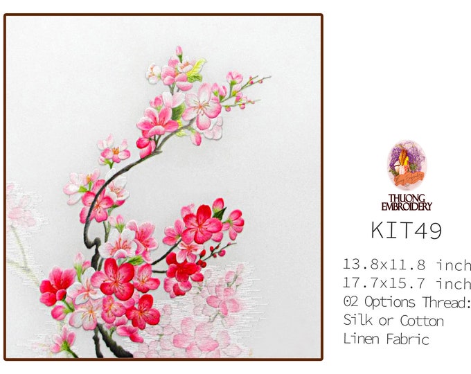 KIT49 Easy Embroidery Kit, Peach blossom flower design by ThuongEmbroidery, Plus 30% embroidery thread