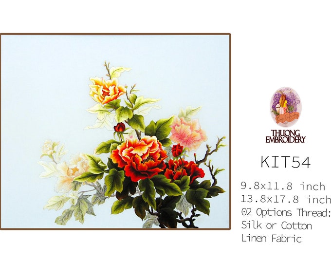 KIT54 Intermediate Embroidery Kit, Beautiful Peonies design by ThuongEmbroidery, Plus 30% embroidery thread