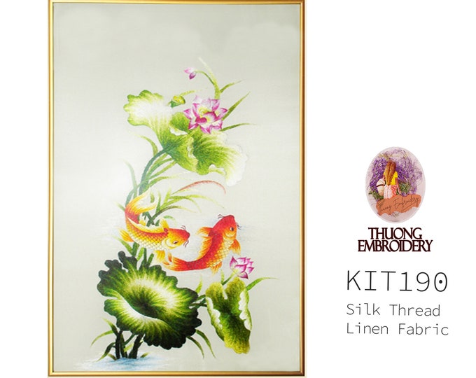 KIT190 Advanced Embroidery Kit, Carp and Lotus design by ThuongEmbroidery, Plus 30% embroidery thread