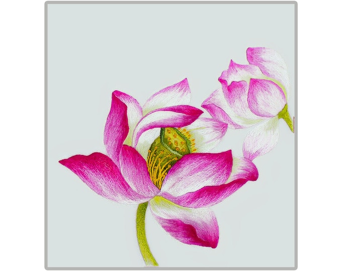 ORDER Hand Embroidery - ODE25 "Pink Lotus" | 02 Thread Options "Glossiest Synthetic Silk" and "Fine Cotton" | Linen fabric