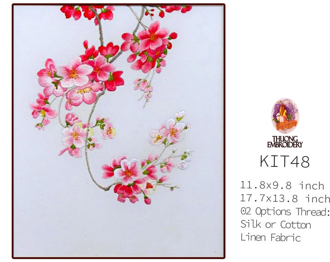 KIT48 Easy Embroidery Kit, Beautiful peach blossom design by ThuongEmbroidery, Plus 30% embroidery thread