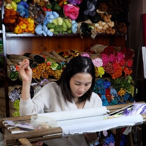 May include: A woman sits at a table with a wooden frame and a white canvas stretched across it. She is using a needle and thread to embroider a design on the canvas. The table is surrounded by shelves filled with colorful spools of thread.