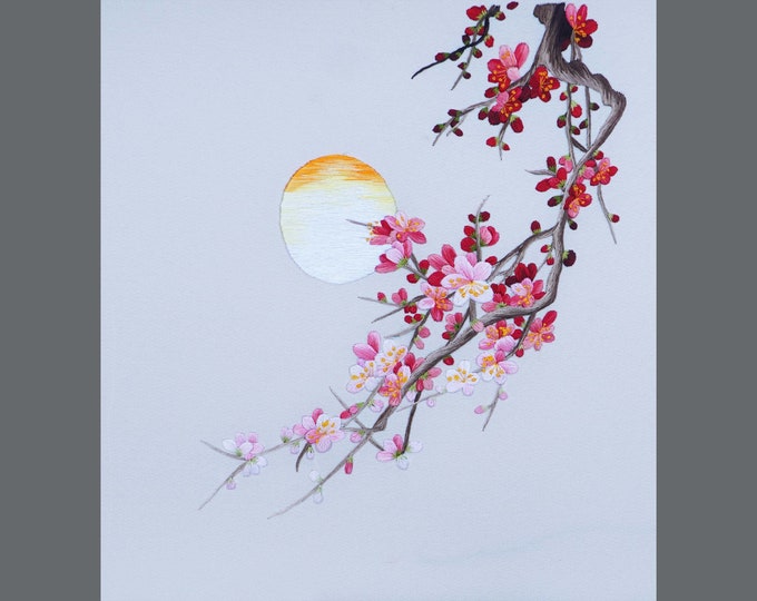 COMPLETED Hand Embroidery Artwork - Peach Blossoms Bloom Under the Moonlight