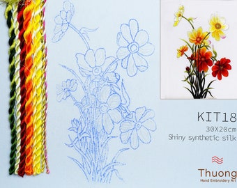 Embroidery KIT EK18: "Wildflowers" - Shiny Synthetic Silk Thread, Colour Variations Thread, Raw Linen Fabric - Thuong Embroidery
