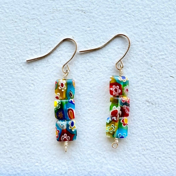 Millefiori Square Bead Earrings / Sterling Silver Ear Wire Rainbow Colorful Glass Beaded Bright Unique Fun Earrings Handmade