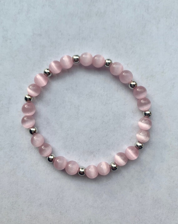 Pink Silver Beaded Round Bracelet / Stackable Simple Pink | Etsy