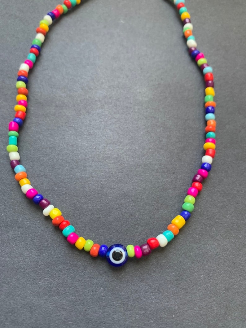 Multicolor Beaded Necklace Central Evil Eye Bead Evil Eye Beaded Rainbow Necklace Jewelry