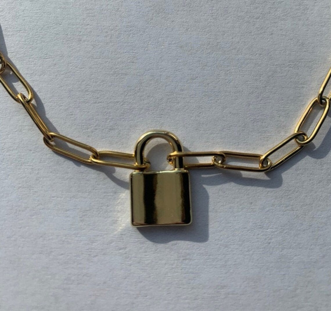 Gold Lock Padlock Paperclip Chain Necklace / Paperclip Chain Etsy