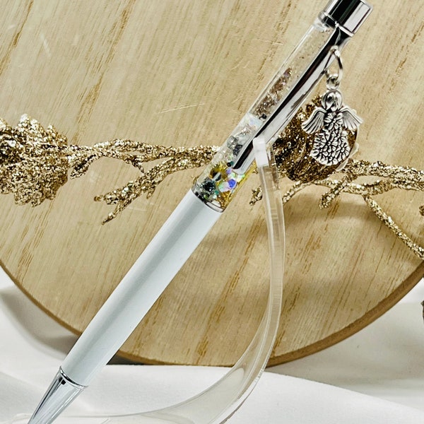 Angel Float Pen. Beautiful guardian Angel snow globe glitter pen. Angel charm, feathers & crosses. Sentimental gift, planner pen, keepsake.