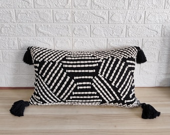 Black & White 100% Raw Cotton Hand Dyed Fabric Embroidered Textured Boho Throw Pillow Case 12x20, 14x20, 14x24, 16x24 Inches Cushion Cover