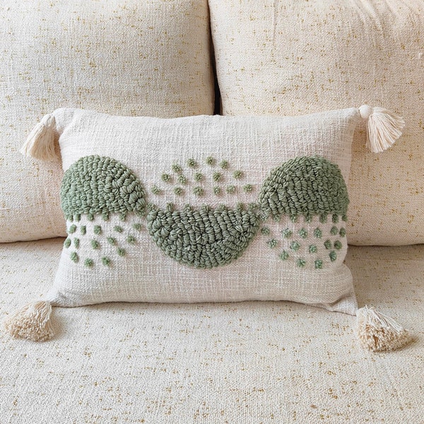 Sage Green & Ivory Hand Embroidered Tufted Textured Decorative Cushion Cover 12x20, 14x20, 16x16, 18x18 Decorative Boho Pillow Cover