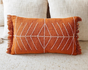 Rust Orange Hand Kantha Embroidered Tufted Textured Cushion Cover 12x20, 14x20, Decorative Boho Throw Pillow Cover