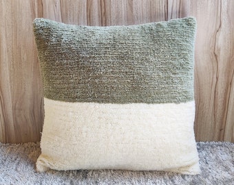 Sage Green & Ivory Acrylic Wool Hand Tufted Textured Decorative Cushion Cover 16x16, 18x18 Decorative Boho Pillow Cover