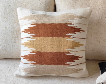 Cotton & Wool Kilim Hand loom Woven Textured Cushion Cover 18x18, 20x20 Inches Boho Throw Pillow Cover