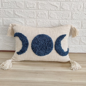 Sun N Moon Cotton Embroidered Tufted Textured Teal Blue(Shade As Pictured) & Ivory Decorative Cushion Cover 14&quot;x20&quot; Boho Throw Pillow Cover