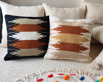 Cotton & Wool Kilim Hand loom Woven Textured Cushion Cover 18x18, 20x20 Inches Black Rust Beige Cream Boho Throw Pillow Cover
