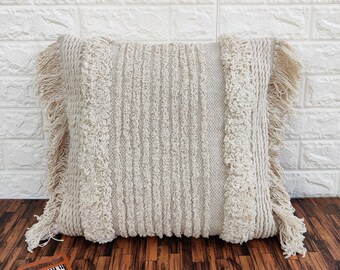 Telar de mano tejido con mechón texturizado marfil off algodón blanco 18x18, 20x20, 12x20, 14x20 pulgadas decorativo Boho Fleco Tirar Funda de almohada