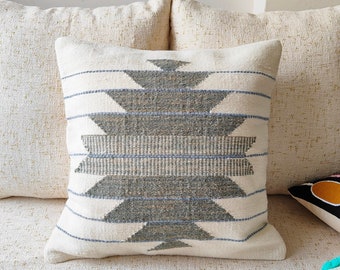 Hand loom Woven Cotton & Wool Dusky Sage Green Textured Cushion Cover 20"x20" Inches Boho Decorative Throw Pillow Cover Kilim Pillows