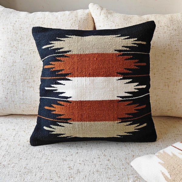 Housse de coussin tissée texturée en coton et laine kilim sur métier à tisser, 40 x 40 cm, housse de coussin décoratif bohème