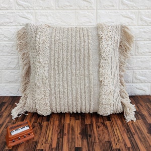 Handloom Woven Tufted Textured Ivory Off White Cotton 18x18, 20x20, 12x20, 14x20 Inches Decorative Boho Fringe Throw Pillow Cover