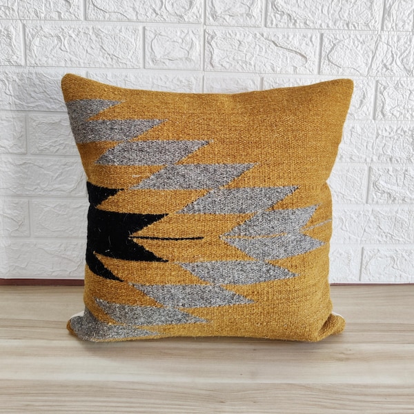 Housse de coussin texturée tissée à la main en laine kilim et coton 18 x 18, 20 x 20 pouces Housse de coussin bohème