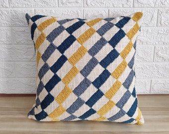 Hand Machine Embroidered Mustard Yellow Multicolor Cotton Textured Cushion Cover | Decorative Boho Pillow Cover Hand Made Throw Pillow Case