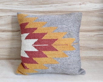 Cotton & Wool Kilim Hand loom Woven Textured Cushion Cover 18x18, 20x20 Inches Boho Throw Pillow Cover
