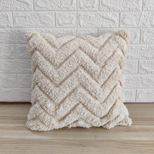 Off White Ivory Soft Cotton Embroidered Tufted Chevron Pattern Textured Cushion Cover Boho Decorative Handmade Shaggy Throw Pillow Case