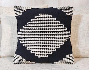 Black & Ivory Cotton Wool Hand loom Woven Textured Cushion Cover Boho Throw Pillow Case