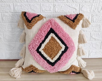 Decorative Pink Brown Multi Color Embroidered Tufted Diamond Raw Cotton 16x16 | 18x18 | 20x20 | 22x22 | 24x24 | 28x28 Inches Pillow Cover.