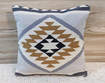 Grays & Mustard Yellow Cotton Handloom Woven Textured Kilim Cushion Cover Boho Throw Pillow Case